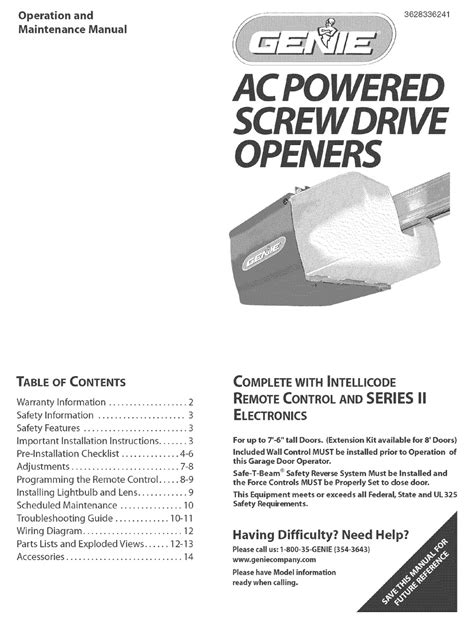 Genie Ac Powered Screw Drive Openers Operation And Maintenance Manual