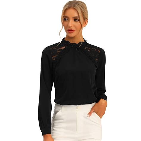 Womens Elegant Stand Collar Long Sleeve Lace Panel Blouse Top