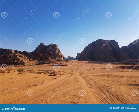 Sunset In Wadi Rum Desert Jordan Sundown And Rocky Mountains Of Wadi