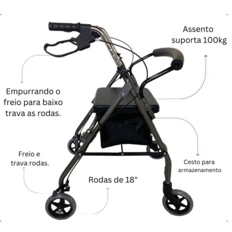 Andador Dobr Vel Rodas Assento E Cesta Mobi At Kg