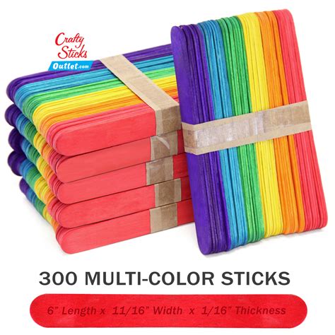 300 Multi Color 6 Inch Jumbo Wooden Craft Popsicle Sticks-JC