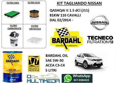 KIT TAGLIANDO 4 FILTRI OLIO BARDAHL 5W30 NISSAN QASHQAI II 1 5 DCI 81KW