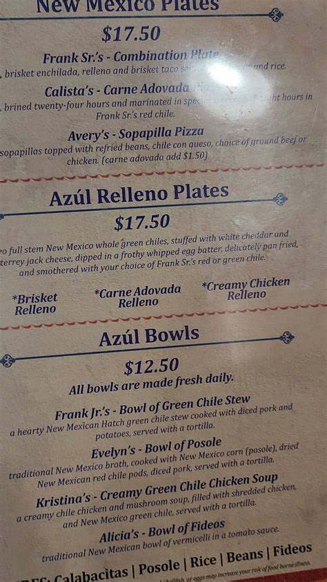 Menu At The Original Cocina Azul Restaurant Albuquerque Mountain Rd Nw