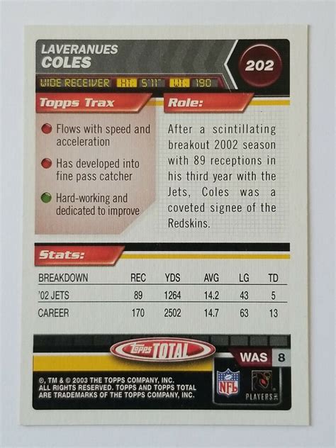 2003 Topps Total Football Card 202 Laveranues Coles A Redskins EBay