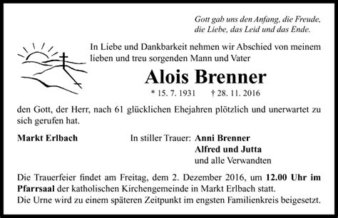 Traueranzeigen Von Alois Brenner Trauer Flz De