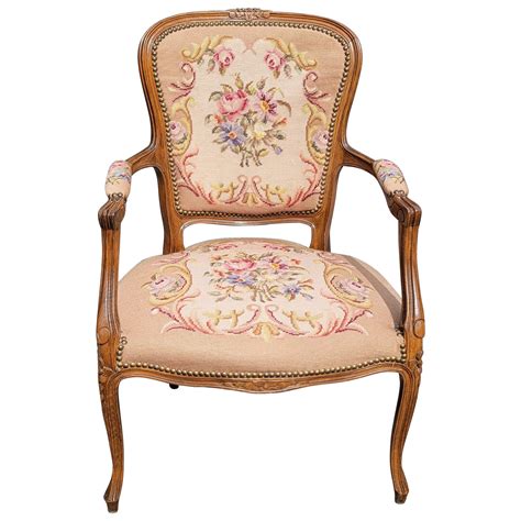 Vintage French Louis XV Style Hand Carved Walnut Bergere Arm Chair And