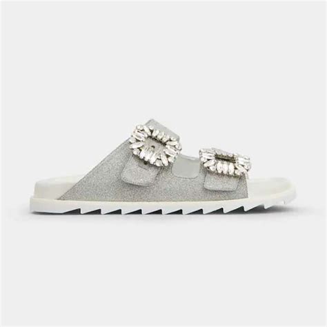 Roger Vivier Women Slidy Viv Strass Buckle Sandals In Fabric Gray