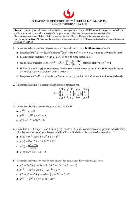 MA264 Clase integradora PC2 ECUACIONES DIFERENCIALES Y ÁLGEBRA LINEAL