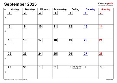 Kalender September 2025 als Excel-Vorlagen