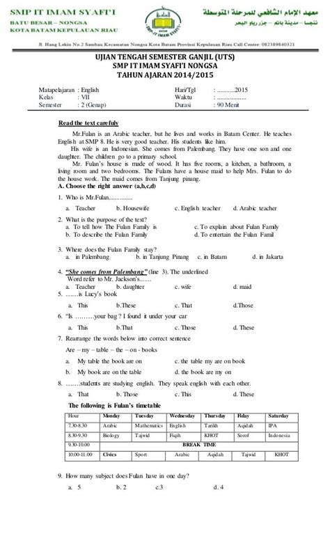 Soal Uts Bahasa Inggris 2014