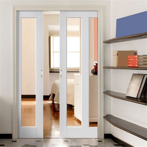 Dominica Shaker Double Evokit Pocket Doors Clear Glass White Prime