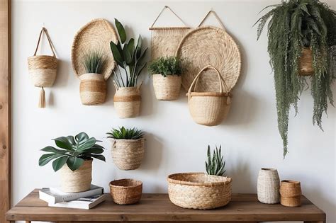 Premium Photo Boho Woven Basket Wall Hanging In A Natural Decor Setup