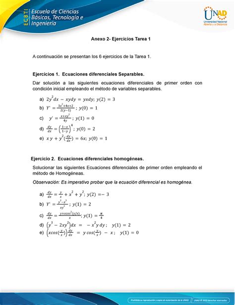 Anexo 2 Ejercicios Tarea 1 Ejercicios 1 Ecuaciones Diferenciales