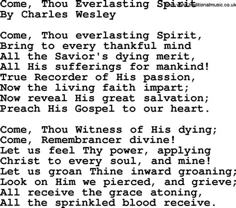 Come Thou Everlasting Spirit By Charles Wesley Hymn Lyrics