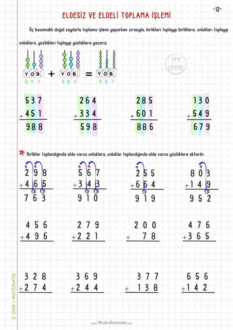 3 Sınıf Matematik Eldesiz ve Eldeli Toplama İşlemleri Defter Notu