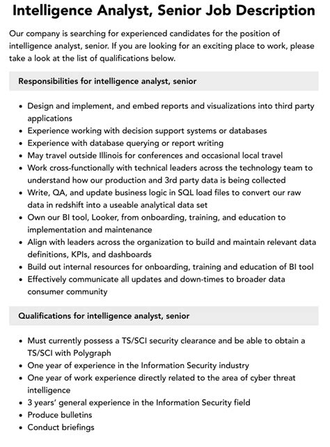 Intelligence Analyst Senior Job Description Velvet Jobs