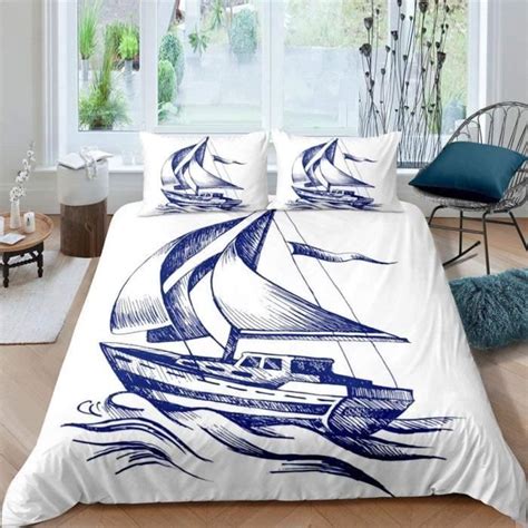 Housse De Couette X Voilier Mer Blanc Imprim E Microfibre Parure