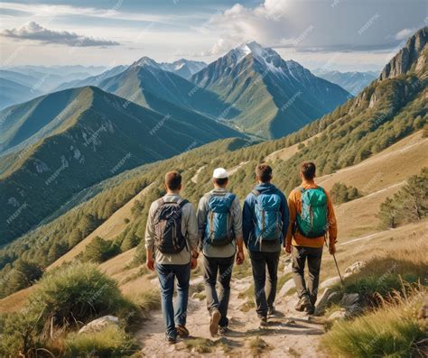 Premium Photo | Four hikers trekking a mountain trail with majestic