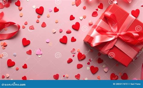 Valentine S Day Red Background With Red Hearts And Pink Hearts Paper With T Box Top View Lay