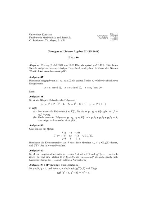 Blatt Ubungen Zu Lineare Algebra Ii Ss Universit At