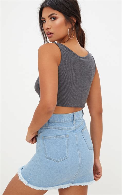 Grey Ribbed Scoop Neck Crop Top Tops Prettylittlething