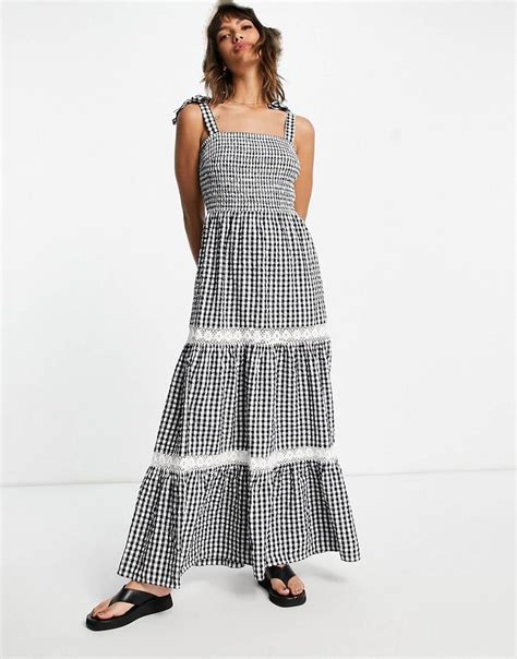 River Island Gingham Check Tiered Midi Dress In Navy ASOS Tiered