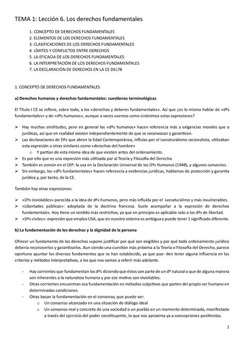 Resumenes Manual Consti Ii Tema 1 Lección 6 Los Derechos Fundamentales 1 Concepto De