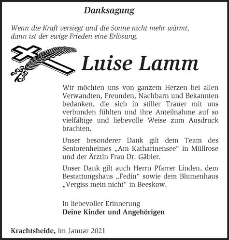 Traueranzeigen von Luise Lamm Märkische Onlinezeitung Trauerportal