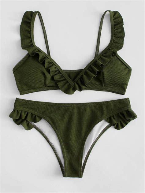 Dark Green Textured Ruffle Top Swimsuit With Seam Bikini Bottom Https