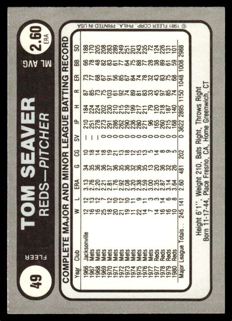 Fleer Star Stickers Tom Seaver Cincinnati Reds Ebay