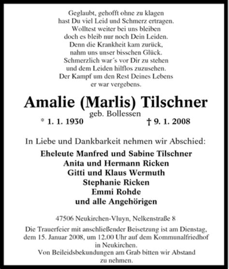 Traueranzeigen Von Amalie Tilschner Trauer In Nrw De