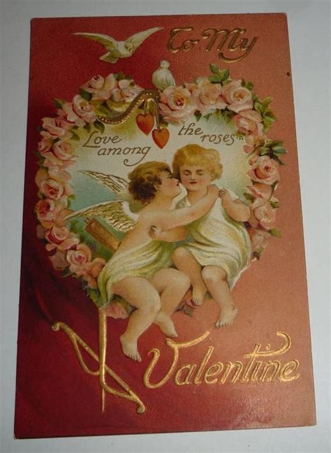 Cupid Heart Of Roses And Doves Antique Valentine Postcard Etsy