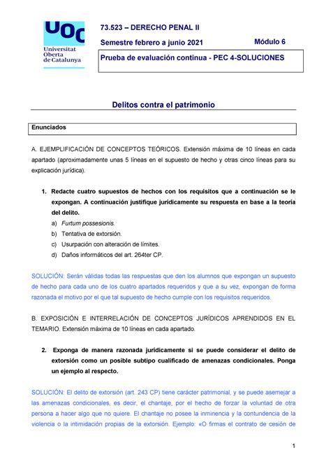 73 523 PEC4 solución Derecho Penal II 73 DERECHO PENAL II Semestre