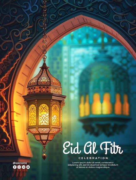 Modelo De Cartaz De Feliz Eid Al Fitr Um Fundo De Lanterna PSD