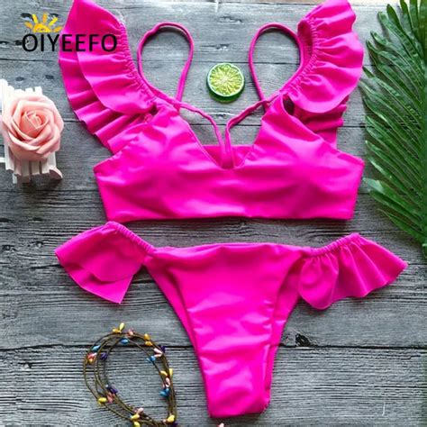 Oiyeefo Pink Yellow Ruffle Bikini Brazilian Bottom Frilly Swimsuit