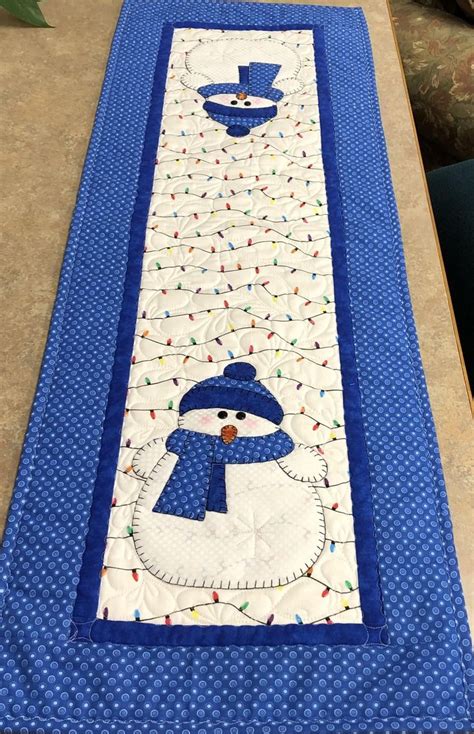 Blue Snowman Hand Appliqu Quilted Table Runner Etsy Quilted Table