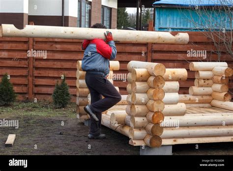 Man Carries A Log To Build A Wooden Arbor Stock Photo Alamy