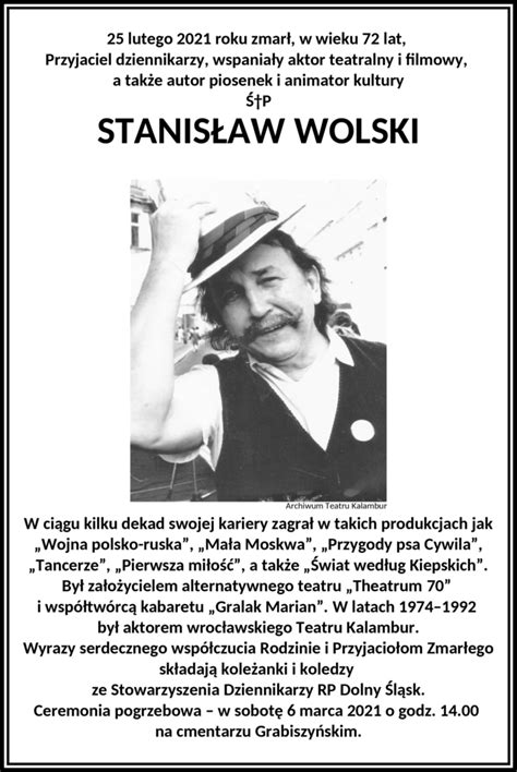 ZMARŁ AKTOR STANISŁAW WOLSKI Stowarzyszenie Dziennikarzy RP Dolny Śląsk