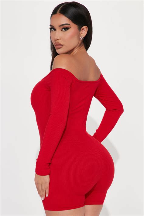 Renee Off Shoulder Snatched Romper Red Fashion Nova Rompers