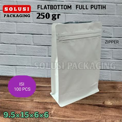 ISI 100 Kemasan Kopi Gusset FLAT BOTTOM PUTIH Doff 250 Gram Ziplock