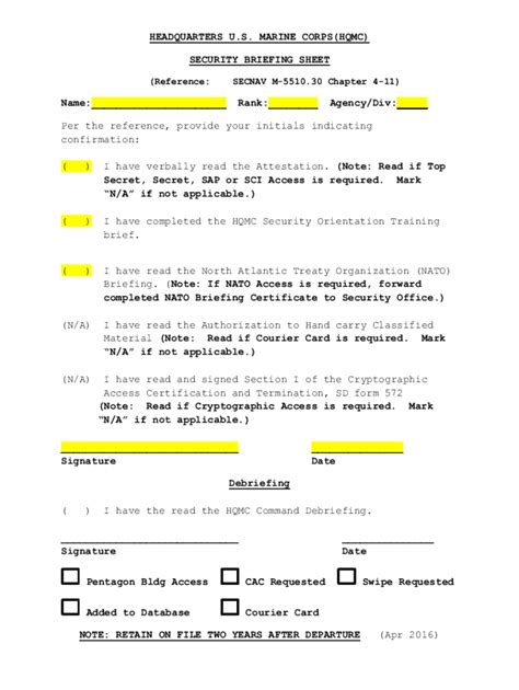 Fillable Online HEADQUARTERS U S MARINE CORPS HQMC SECURITY BRIEFING