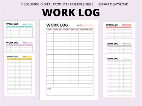 Work Log Printable, Time Spent Tracker, Time Log, Working Hours, Work ...