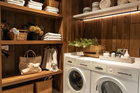 A Laundry Room With A White Washer And Dryer And A Basket Of Towels