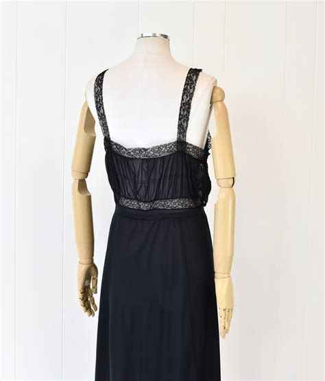 1950s Van Raalte Black Lace Sheer Nylon Slip Dress Nightgown Boudoir Lingerie Canned Ham Vintage