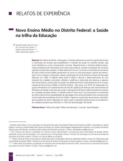 Pdf Relatos De Experi Ncia Novo Ensino M Dio No Distrito Federal A