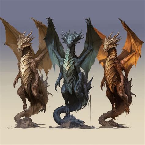 Tres Estatuas De Dragones De Diferentes Colores Con Alas Y Un Bast N Ai