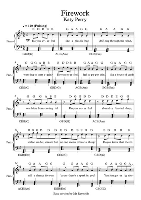 'Firework' by Katy Perry Full Easy Sheet Music | Teaching Resources