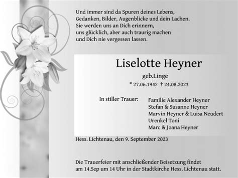 Traueranzeigen Von Liselotte Heyner Trauer HNA De