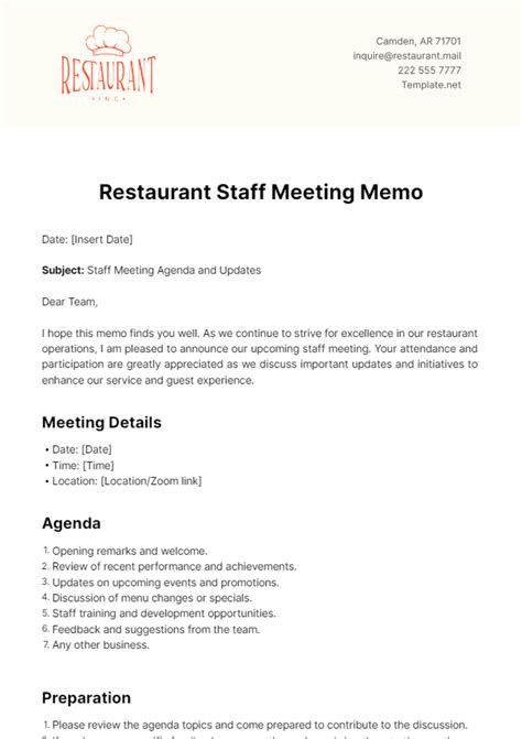Free Restaurant Staff Meeting Memo Template to Edit Online