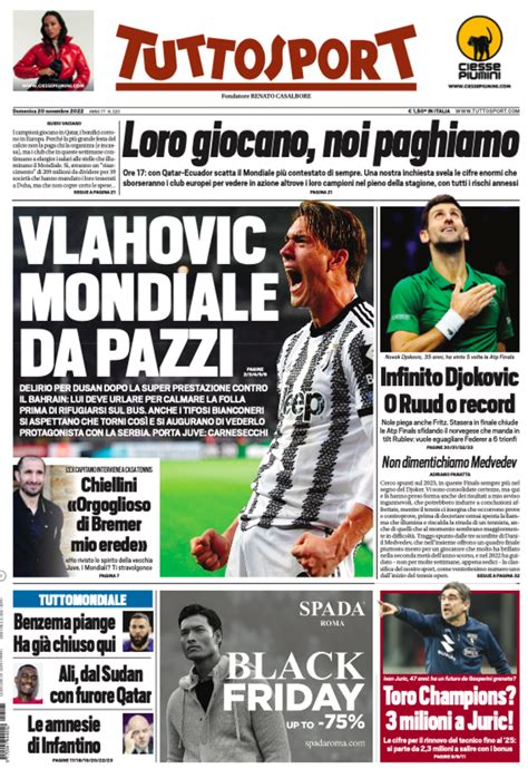 Prima Pagina Tuttosport “vlahovic Mondiale Da Pazzi” Pianeta Milan